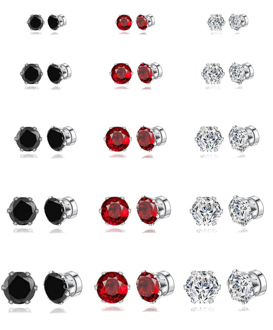Ofeiyaa 15 Pairs Magnetic Stud Earrings Cubic Zirconia Non-Piercing Earrings Set Clip on Fake Earring Jewelry for Women Men 4-5-6-7-8MM White Black Red Color