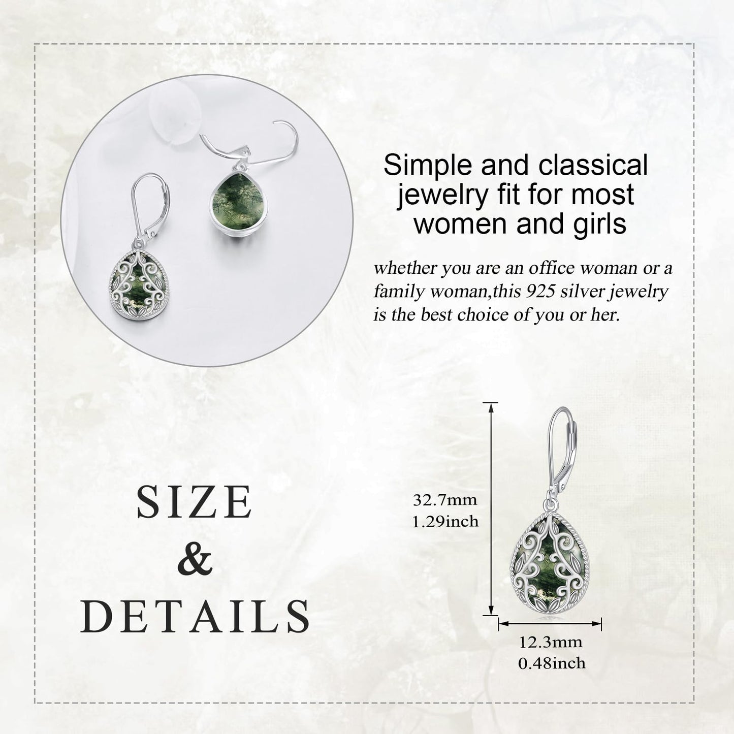 Moss Agate Earrings for Women 925 Sterling Silver Filigree Teardrop Dangle Leverback Earring Birthday Jewelry Gifts for Women