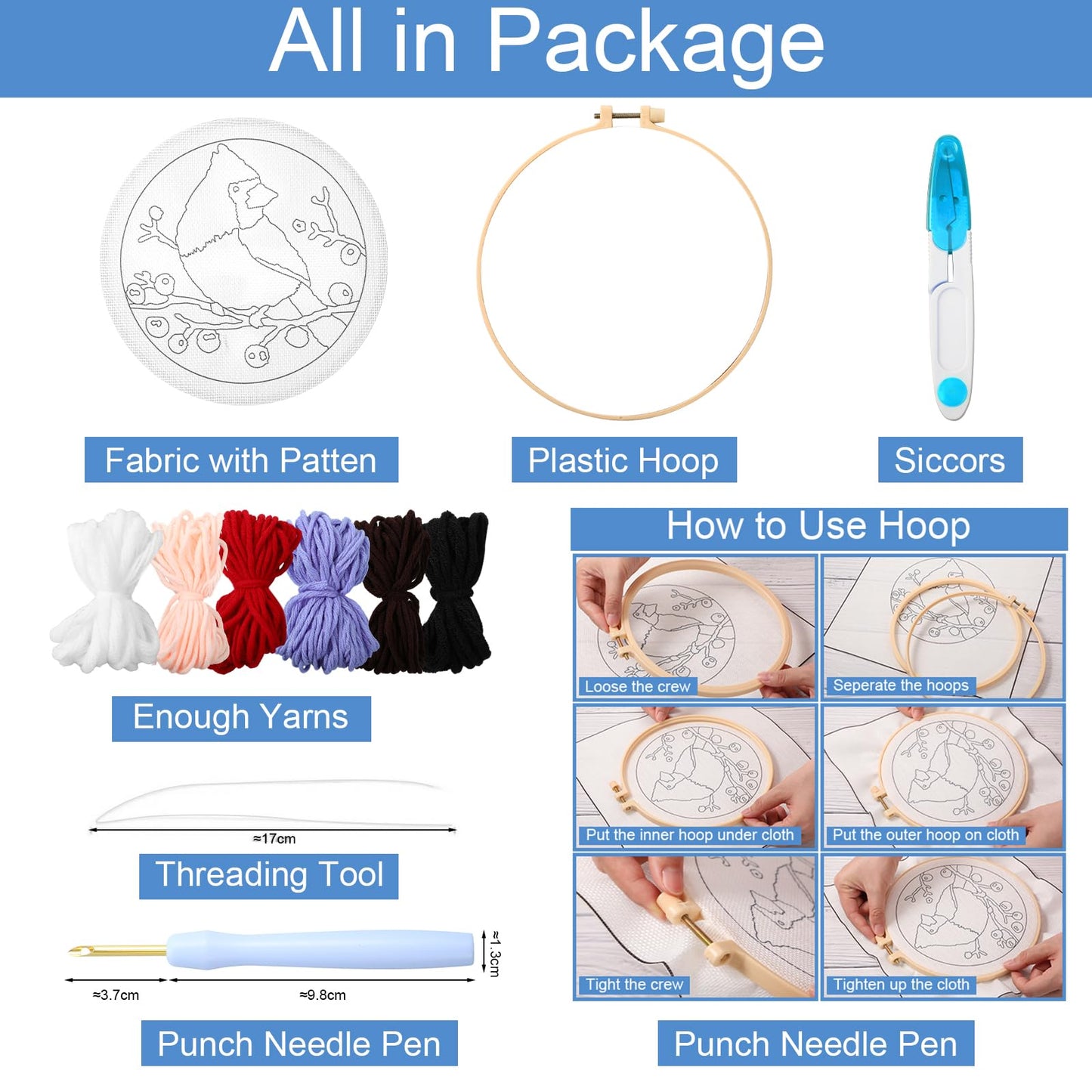SmoothNovelty DIY Punch Needle Kits for Beginners with Hoop Embroidery Fabric Instructions Thread Punch Needle Craft Set Easy for Starter Adults and Children Gift Decoration, 20x20cm-4(Cardinal Bird)