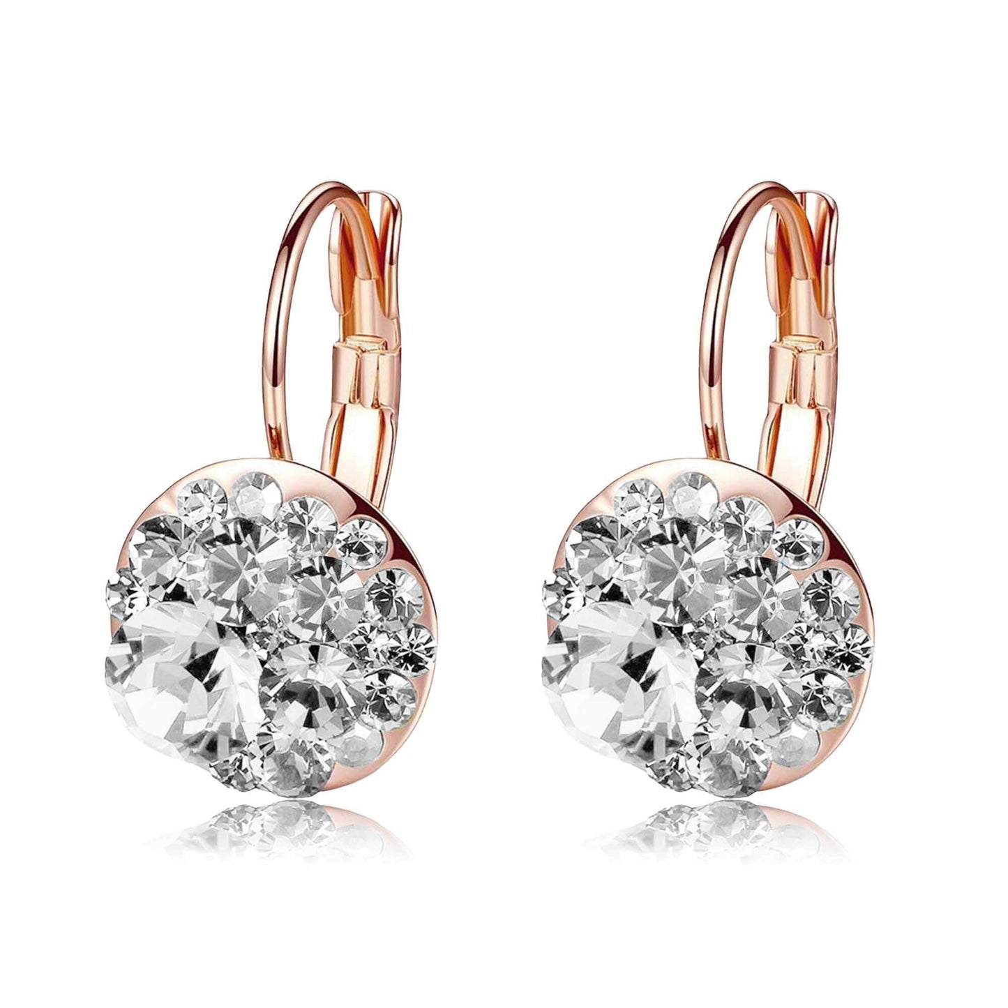 Multicolored Austrian Crystal Leverback Earrings for Women 14K Gold Plated Dangle Hoop Earrings Hypoallergenic Jewelry (Clear White/Rose Gold-tone)