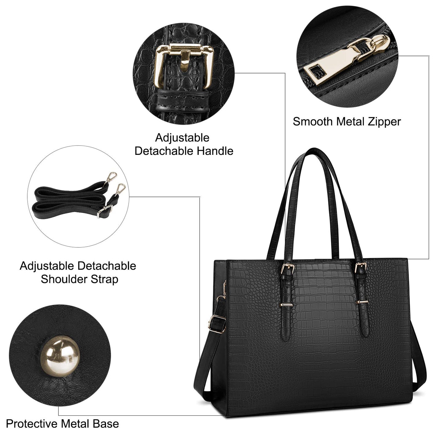 Laptop Bag for Women 15.6 Inch Crocodile Leather Tote Bag Water-resistant Work Briefcase Business Computer Shoulder Bag for Travel Teacher Nurse Professional Handbag,Black