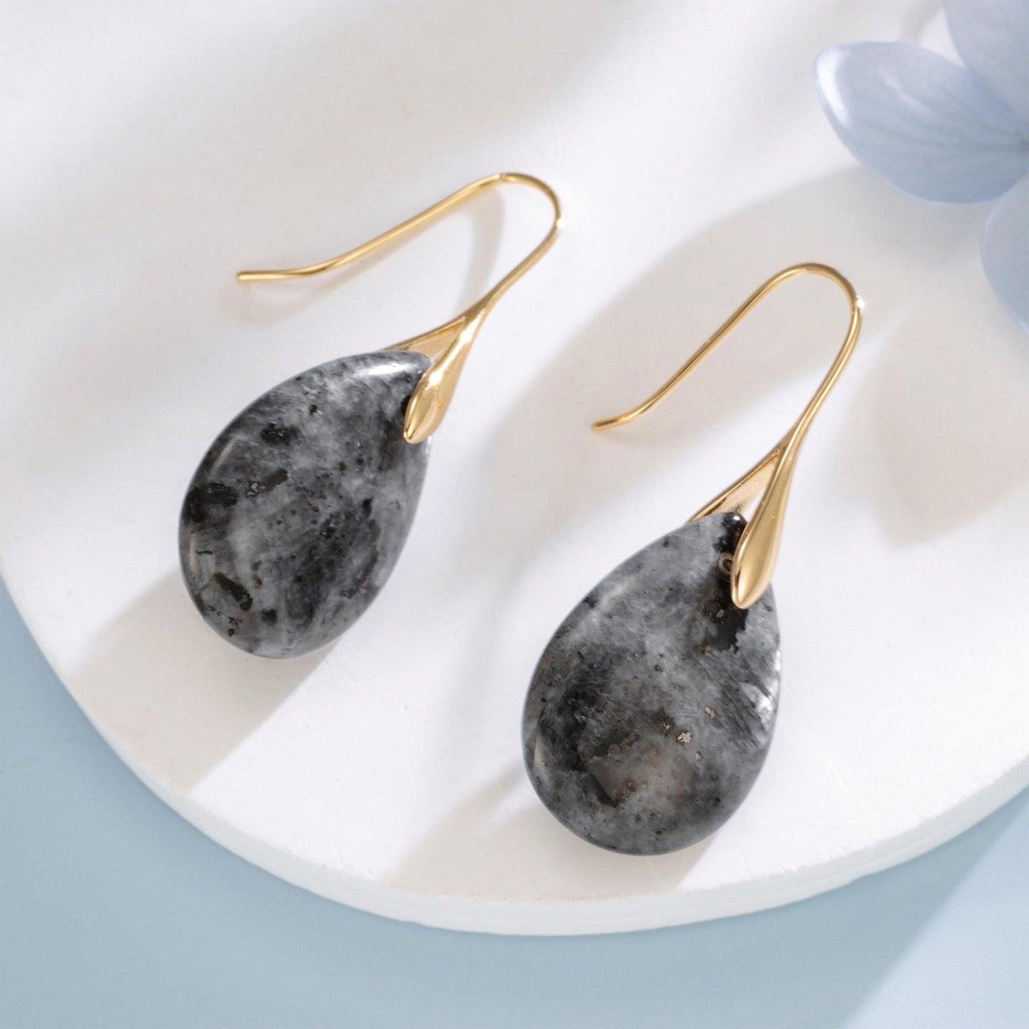 SELOVO Teardrop Grey Stone Fishhook Dangle Drop Earrings Gold Tone