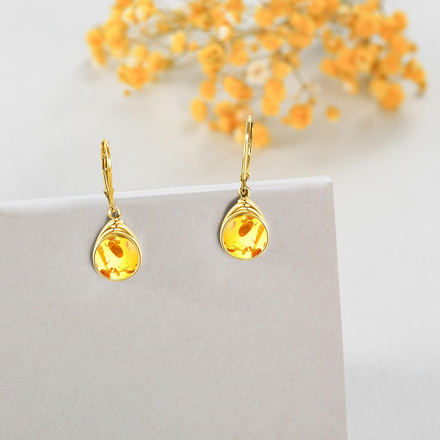 POPLYKE Amber Earrings Gold Plated Dangle for Women 925 Sterling Silver Leverback Earrings Teardrop Amber Jewelry Gifts Christmas Birthday