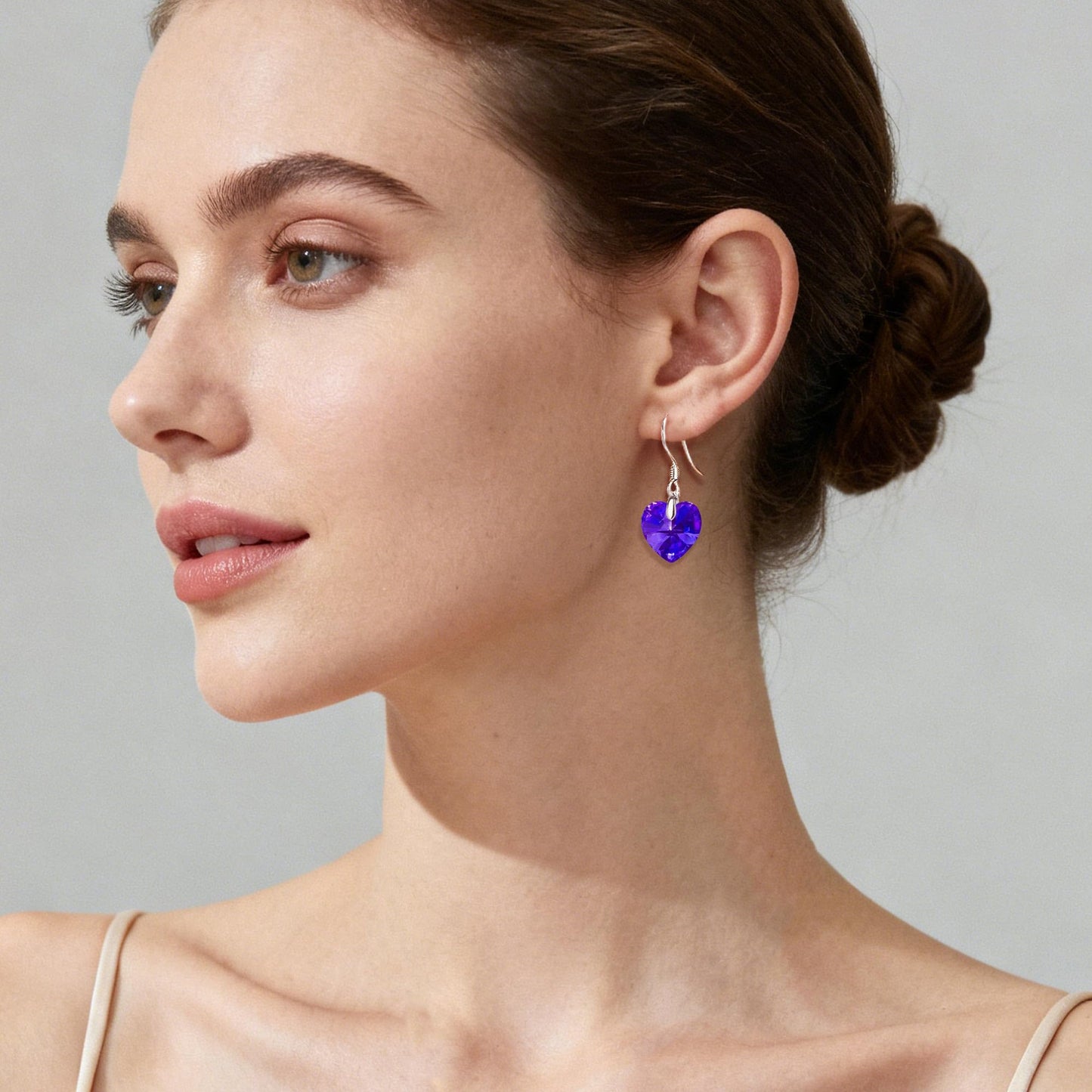 Austrian Crystal Heart Drop Dangle Earrings for Women 925 Sterling Silver Hook Hypoallergenic Earring (Violet)