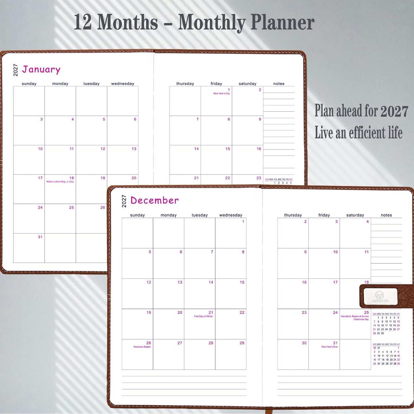 2027 Daily Planner - One Page per Day, 2027 Hourly Daily Calendar(Jan-Dec 2027), 5.7" x 8.26" Appointment Book, Leather Cover + Thick Paper (Black)