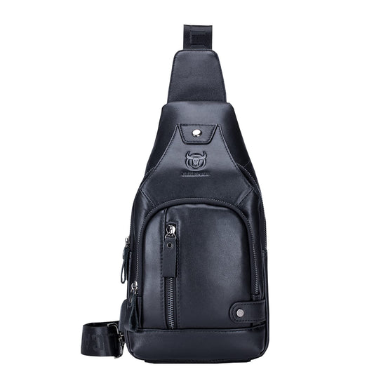 LUKZIJAES Genuine Leather Sling Bag for Men Crossbody Shoulder Chest Pack Hiking Casual Daypack Outdoor Travel Backpack (#1-Black)