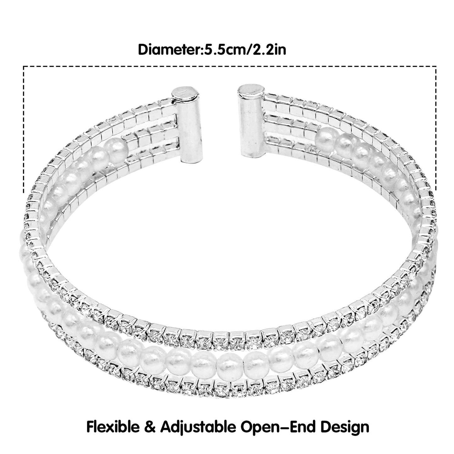 Tidefire Rhinestone Tennis Cuff Bracelet for Women Crystal Bridal Bangle for Prom Wedding Party Dating (1308 Silver)