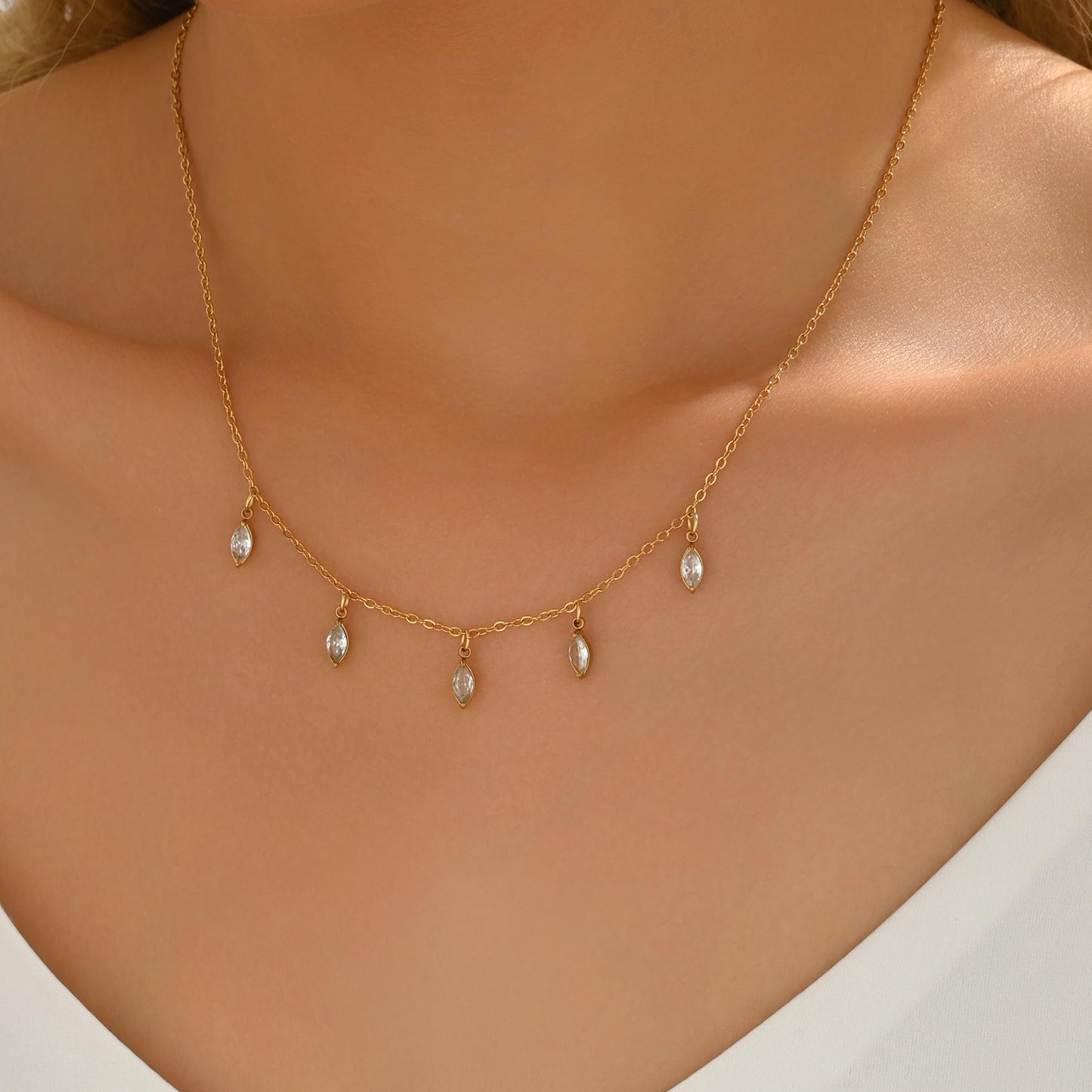 Jewigo Cubic Zirconia Necklaces for Women 18K Gold Plated Tear drop Necklace Dainty Layered CZ Lariat Diamond Necklace