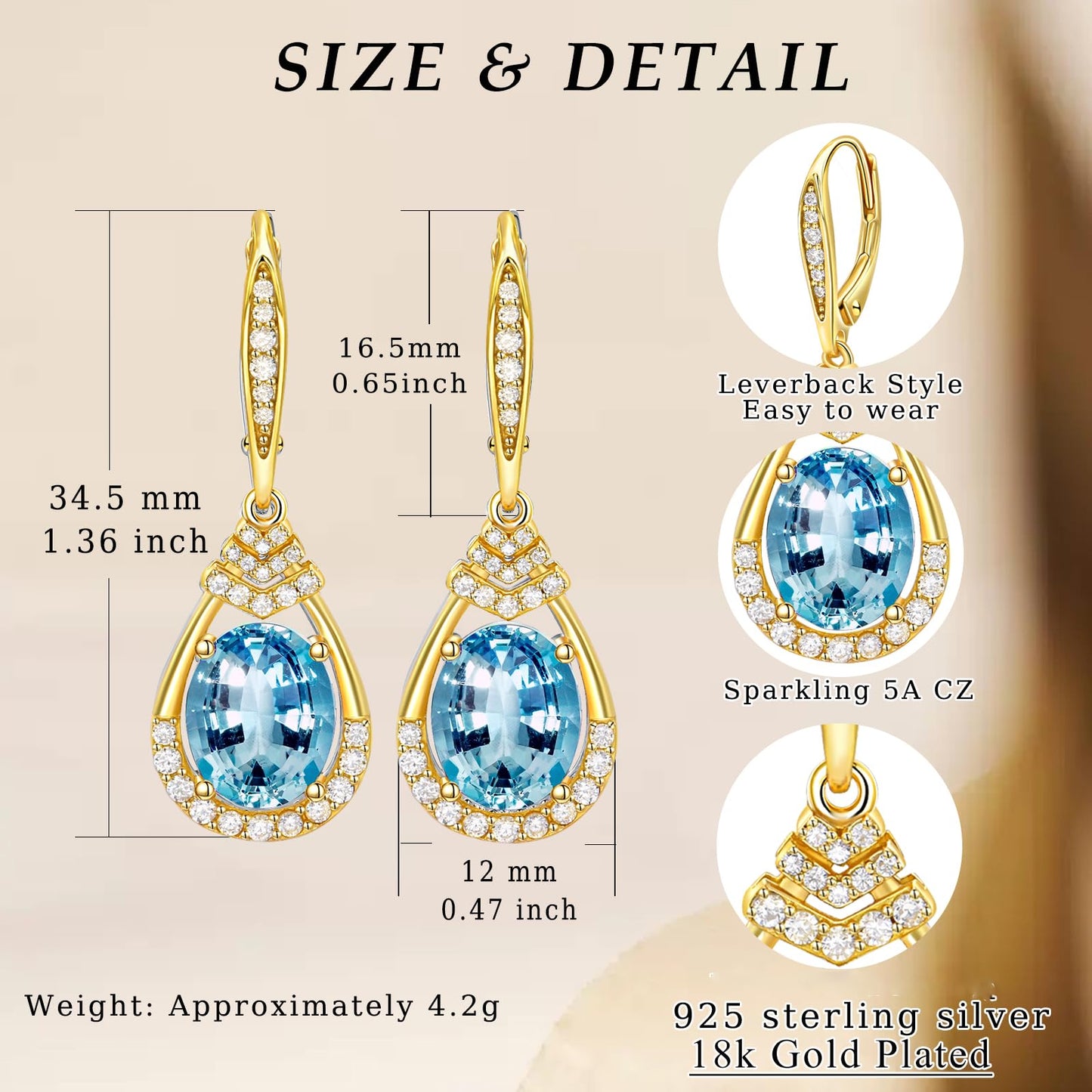 Valentine's Day Gifts for Women |18K G Plated Sterling Silver Birthstone Teardrop Leverback Drop Earring for Women Lady | Wedding Jewelry Gifts for the Bride | Hypoallergenic Oval Cut CZ Earrings (18k Gold Plated-03-Mar.-Aquamarine)