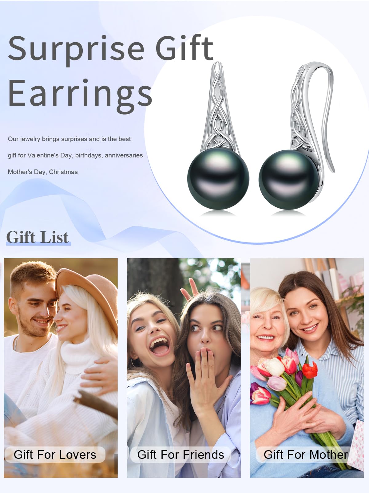 Tahitian Black Pearl Earrings 18K White Gold Plated 925 Sterling Silver Celtic Knot Earrings AAA+ Handpicked Pearl Jewelry Gifts Drop Dangle Earrings for Wife Women Birthday Wedding Anniversary