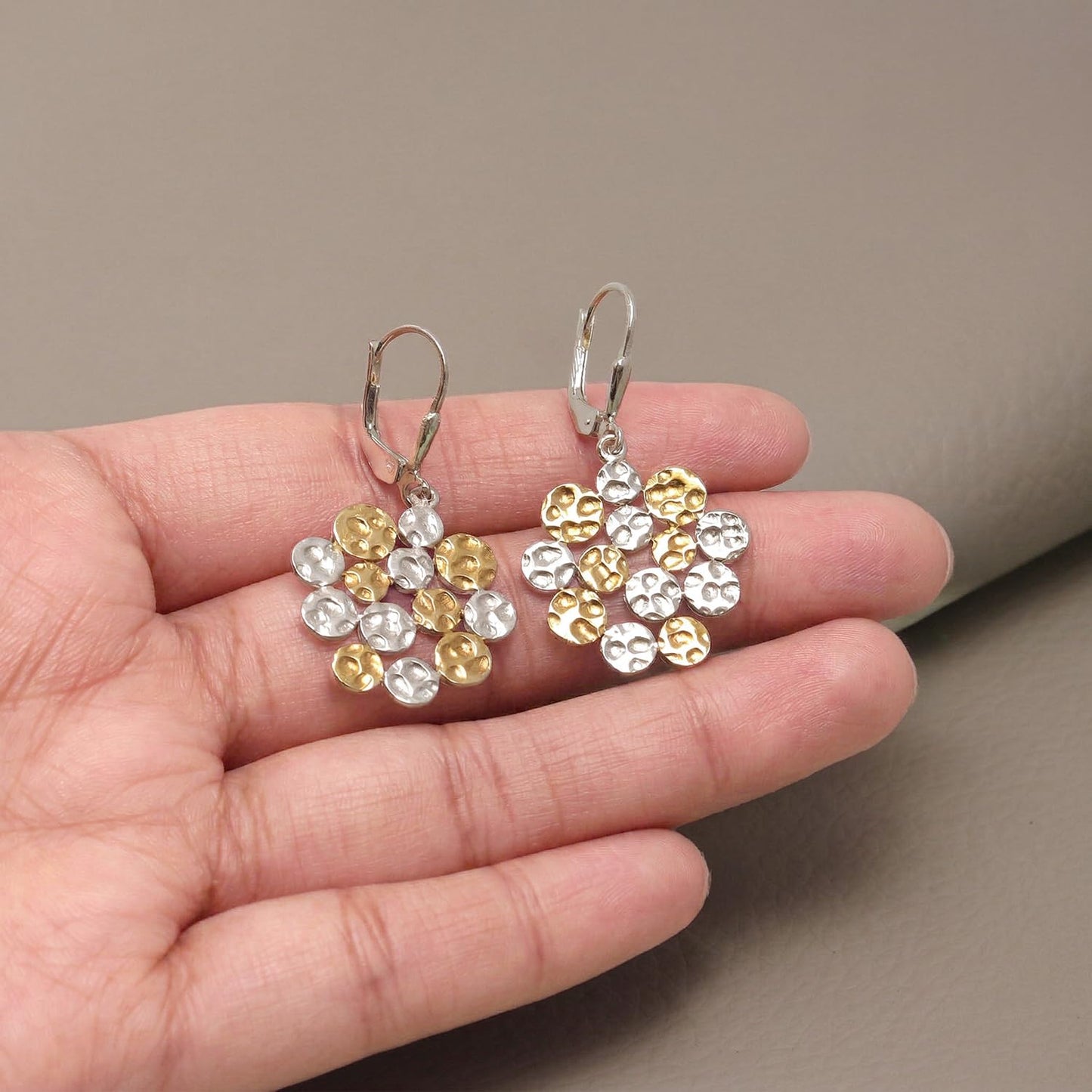 LeCalla 925 Sterling Silver Hammered Earrings for Women | Two-Tone Hammered Disc Cluster Drop Earrings | Gold & Silver Finish Leverback Earring | Textured Jewelry for Everyday & Party Wear 37MM