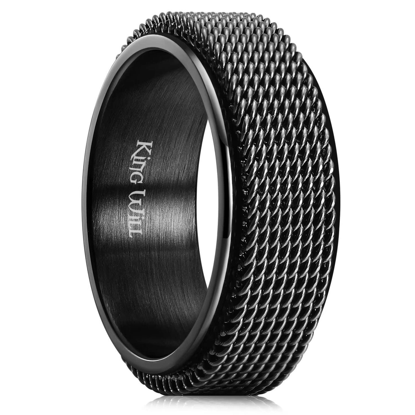 King Will Black 8mm Stainless Steel Chain Mesh Simple Plain Spinner Anxiety Ring for Women Men Wedding Band Ring Fidget Ring Mesh Chain Woven Mesh 12