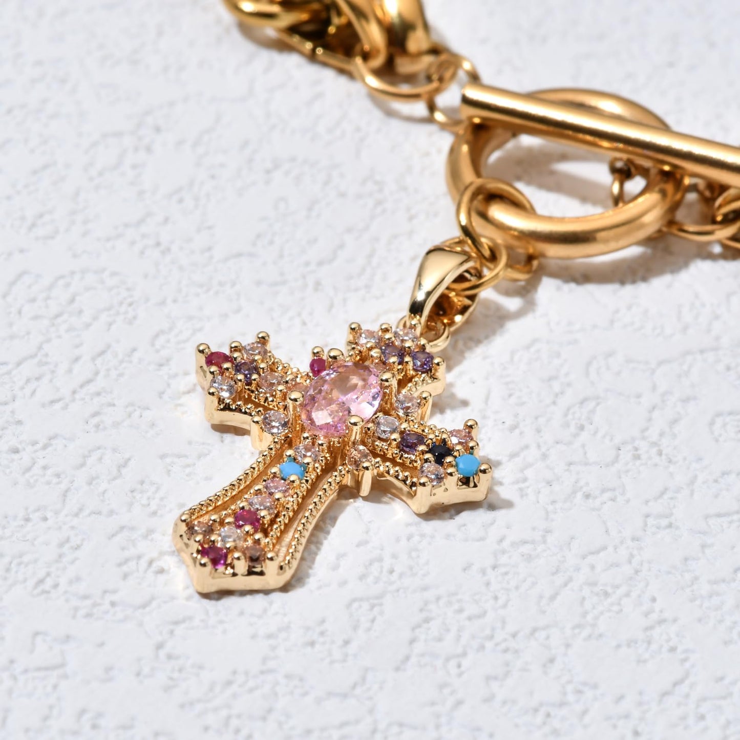 jomjeu Cross Necklace for Women Pink Zircon Necklaces 18K Gold Plated Stainless Steel Chain Pendant Necklace Classic Trendy Toggle Chunky Gold Necklaces Jewelry Gifts for Women