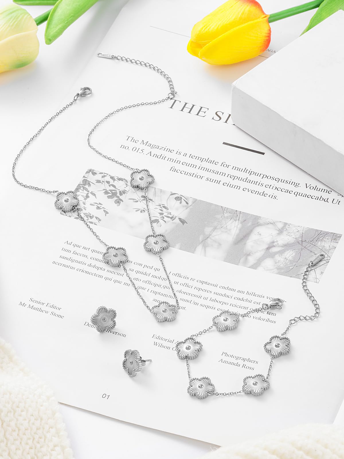 Qinpan Five Leaf Clover Necklace Bracelet and Stud Set for Women Lucky Flower Jewelry (Silver-Stainless Steel)