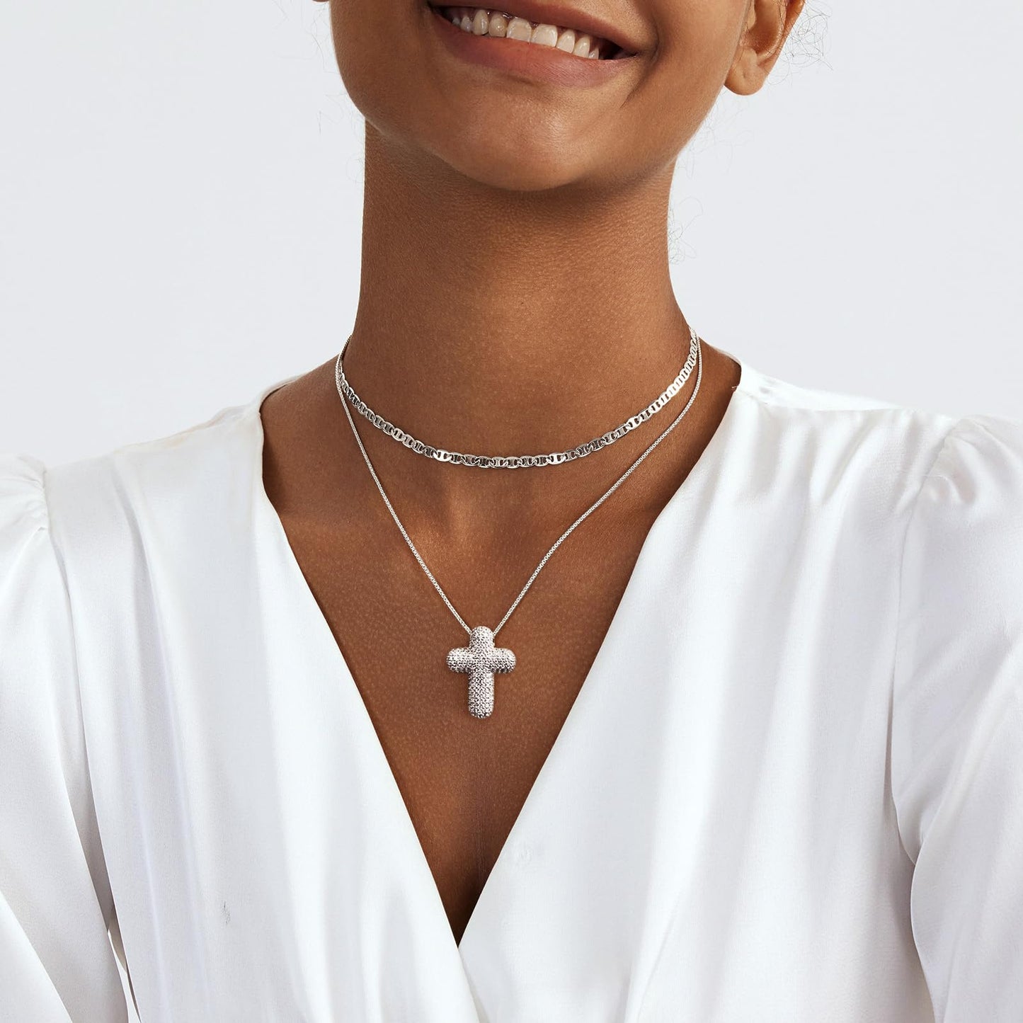 OGD Layered Silver Necklaces for Women 925 Silver Plated Cross Necklace for Women Stackable Stacked Stacking Dainty Necklace Mariner Chain Necklace CZ Cross Pendant Necklaces Set Simple Jewelry Gift