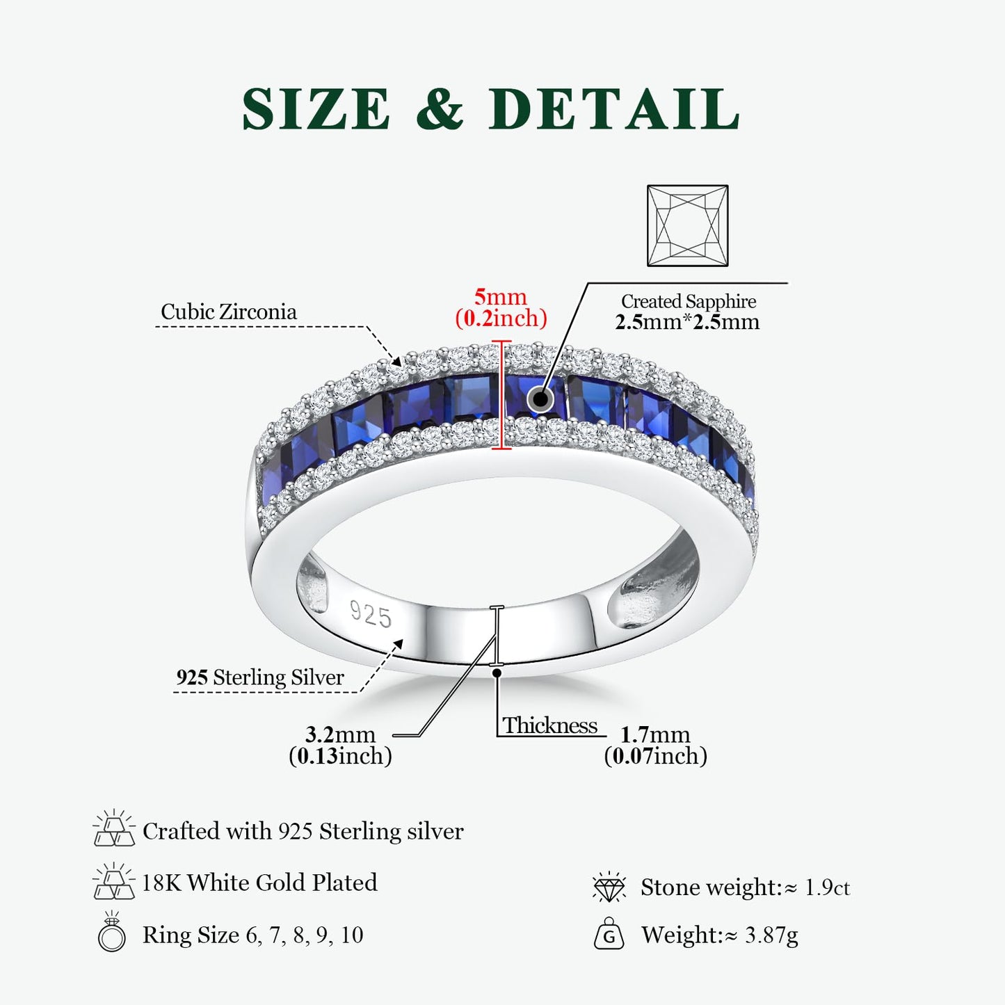 RANDES Blue Sapphire Ring Half Eternity Wedding Band 925 Sterling Silver Thick Band Rings for Women Size 7