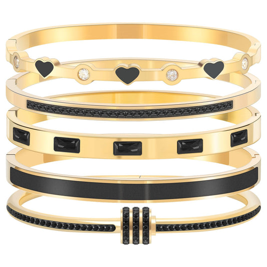 Camhanno 18K Gold Plated Stainless Steel 5-Piece Gold Bangle Bracelet Set for Women - Pink Crystal Friendship & Love Heart Design, Stackable Bangles Jewelry - Ideal Birthday Gift for Women (Black)