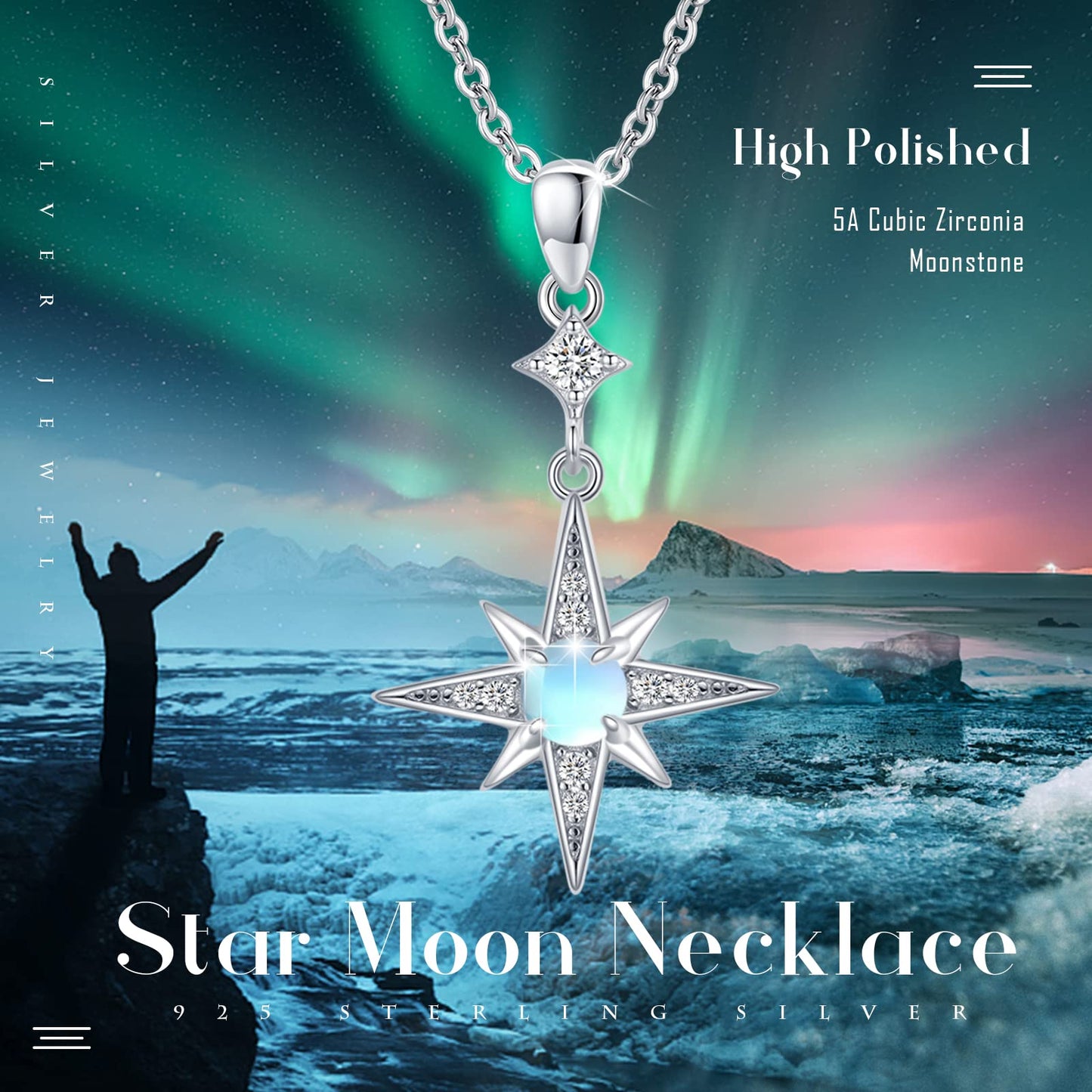 Silikepa Star Necklace for Women 925 Sterling Silver North Star Pendant Necklace with Moonstone Jewelry Gift for Women