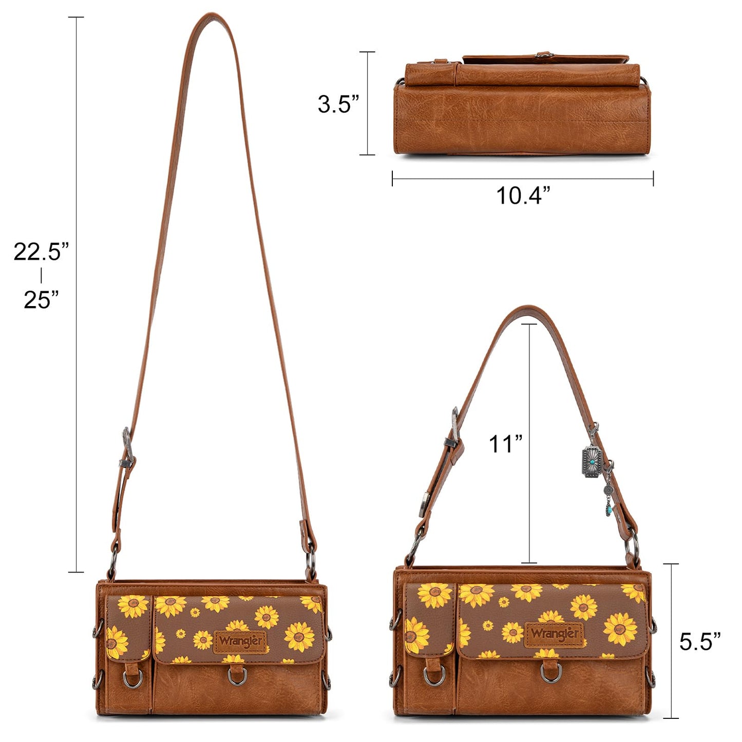 Wrangler Small Shoulder Bag Y2K Purse Cute Western Purses for Women Mini Handbags with Detachable Charms, Sunflower WG-HB-300-523-3-BR