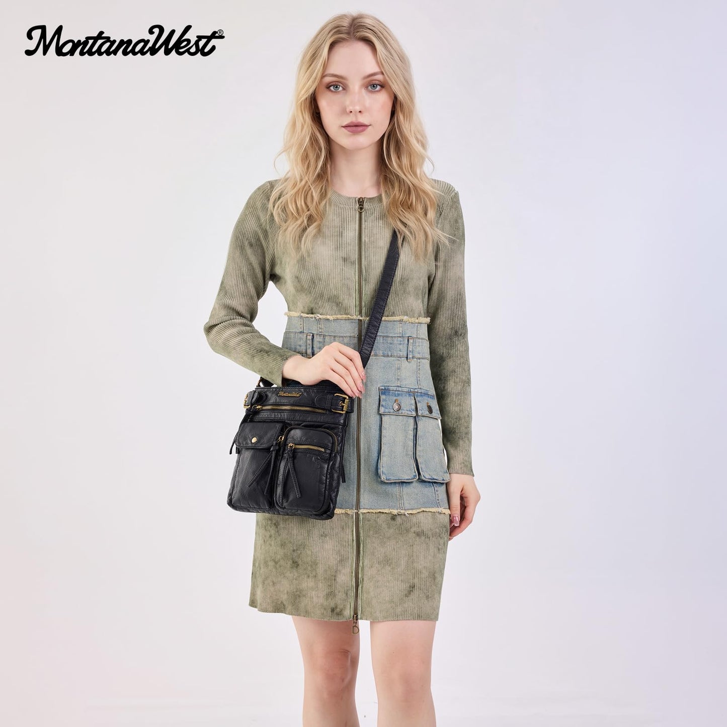 Montana West Crossbody Bag for Women Soft Leather Multi Pocket Shoulder Bags Vintage Women's Purses and Handbags Black Gift MWC-046BK