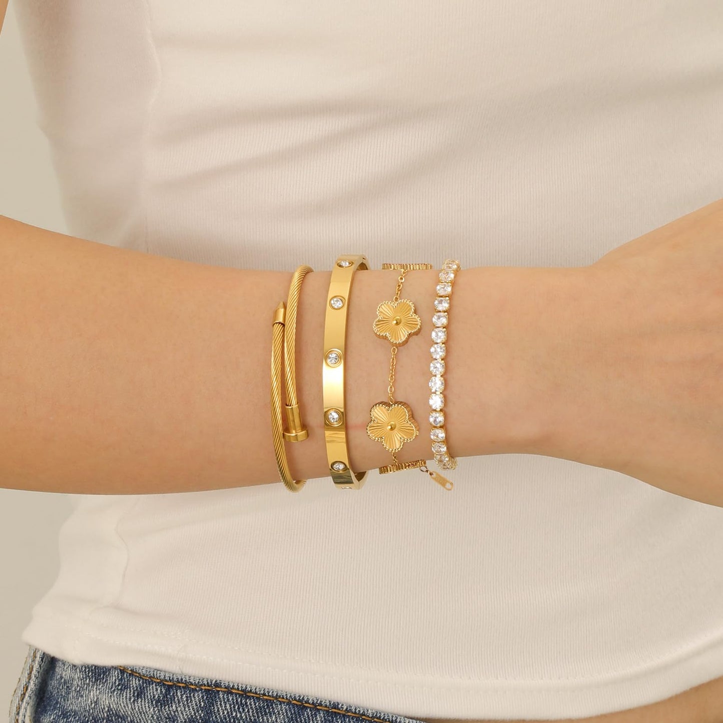 Gold Bracelets for Women, 18K Gold Plated Women Tennis Bracelets Clover Nail Love Bangle Bracelet Set, Gold Bracelet Stackable Set Trendy Jewelry, Gifts for Women's Day and Mother's Day (06-Color-gold)