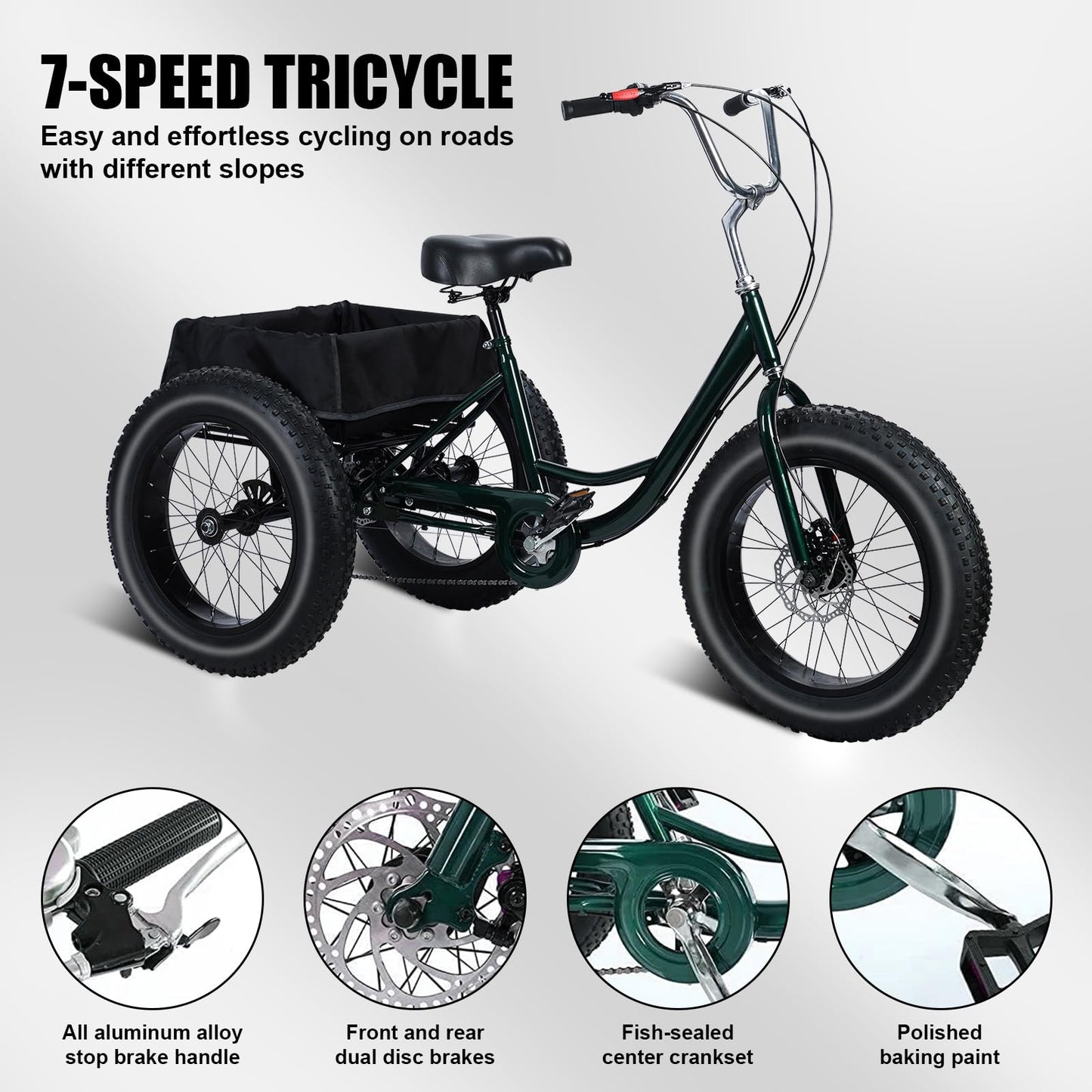 Rodiuiu Adult Tricycle, Fat Tire 7 Speed Cruiser Trike, 20 Inch 3 Wheel Bikes with Large Basket for Seniors, Women, Men, Adult Trikes for Shopping Picnic Outdoor Sports