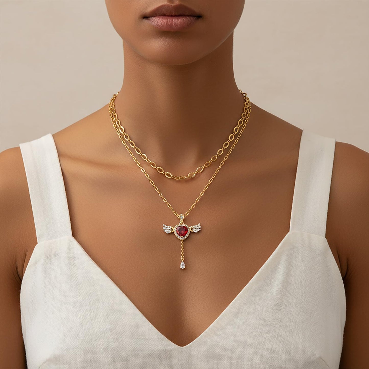 MEIITRUE Heart Necklace for Women Trendy,14k Gold Plated Dainty Layered Necklaces Set Cubic Zirconia Love Drop Pendant with Movable Wings Personalized Choker Chain Jewelry Gift Red