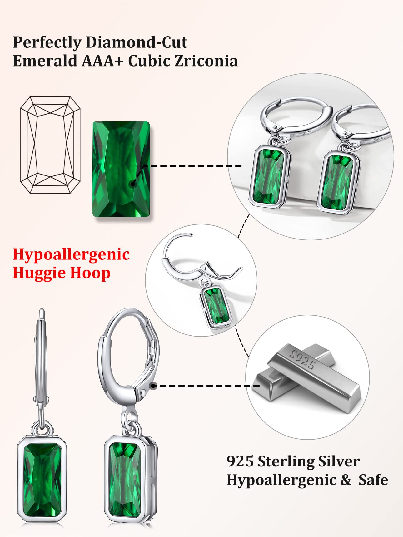 Bestyle Green Emerald Drop Earring with Hypoallergneic Silver Huggie Hoops - Shimmer May Birthstone Dangles Silver Earring for Women - Dainty Cute Earrings for Mom Wife Grandma