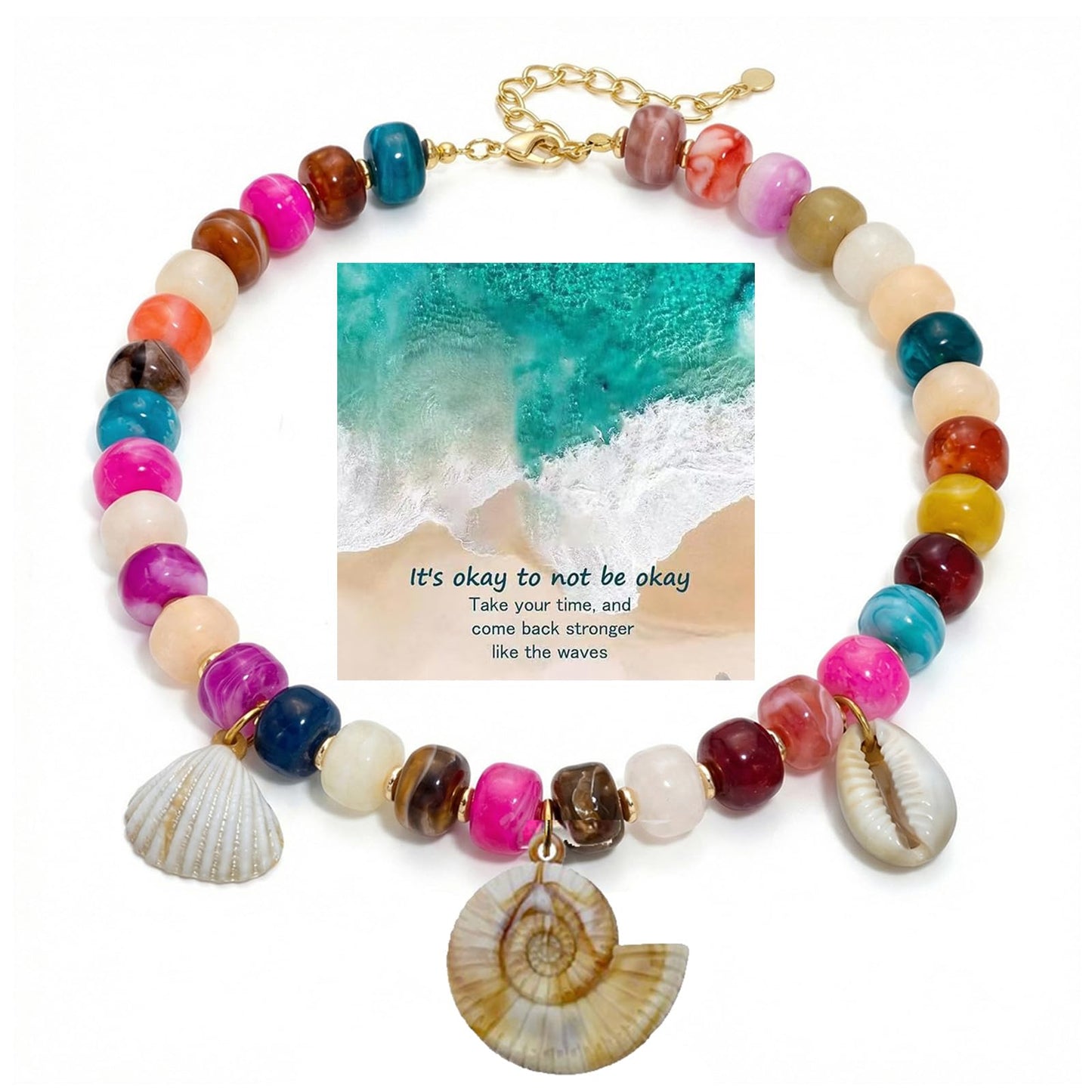 ROYNRAU Chunky Colorful Beaded Necklace for Women-Unique Resin Beads Starfish Shell Charms Pendant Choker Necklaces Boho Statement Summer Vacation Beach Jewelry (Conch-Round)