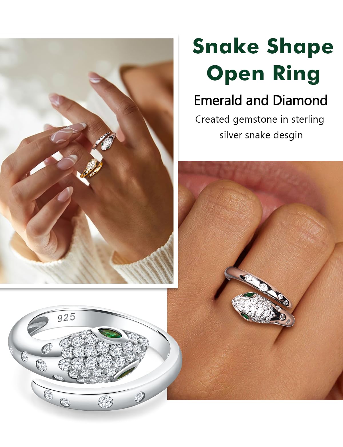 RANDES Cubic Zirconia Snake Rings for Women Adjustable 925 Sterling Silver Green Emerald Eye Fashion Statement Finger Cocktail Ring Punk Jewelry Size 7