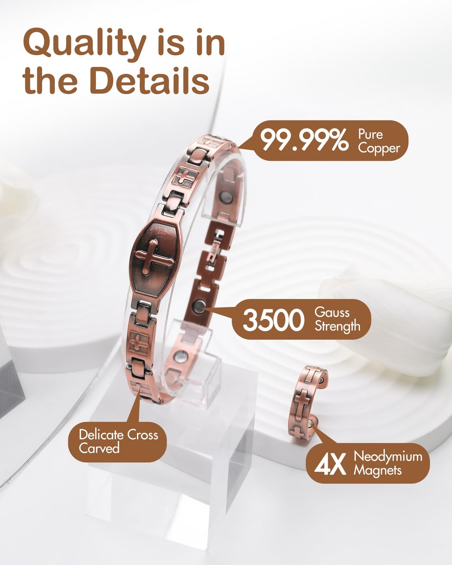 Feraco Pure Copper Bracelets & Rings for Women, Ultra Strength Magnetic Bracelet with 3500 Gauss Magnets, Adjustable with Sizing Tool, Cross Jewelry