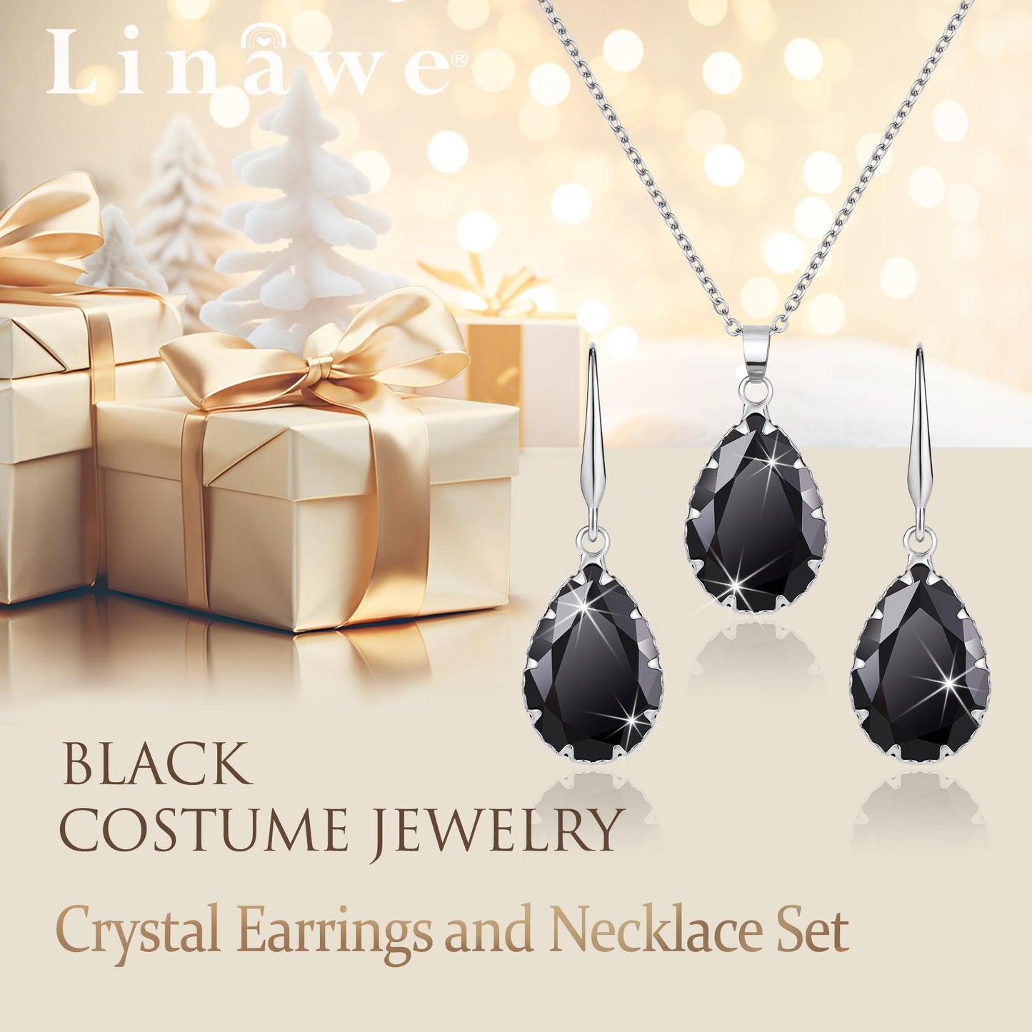 Linawe Gothic Black Crystal Necklace, Silver Jewelry Sets for Women, Imitation Diamond Pendant Drop Dangle Earrings, Rhinestone Boho Wedding Jewelry Cubic Zirconia Birthstone