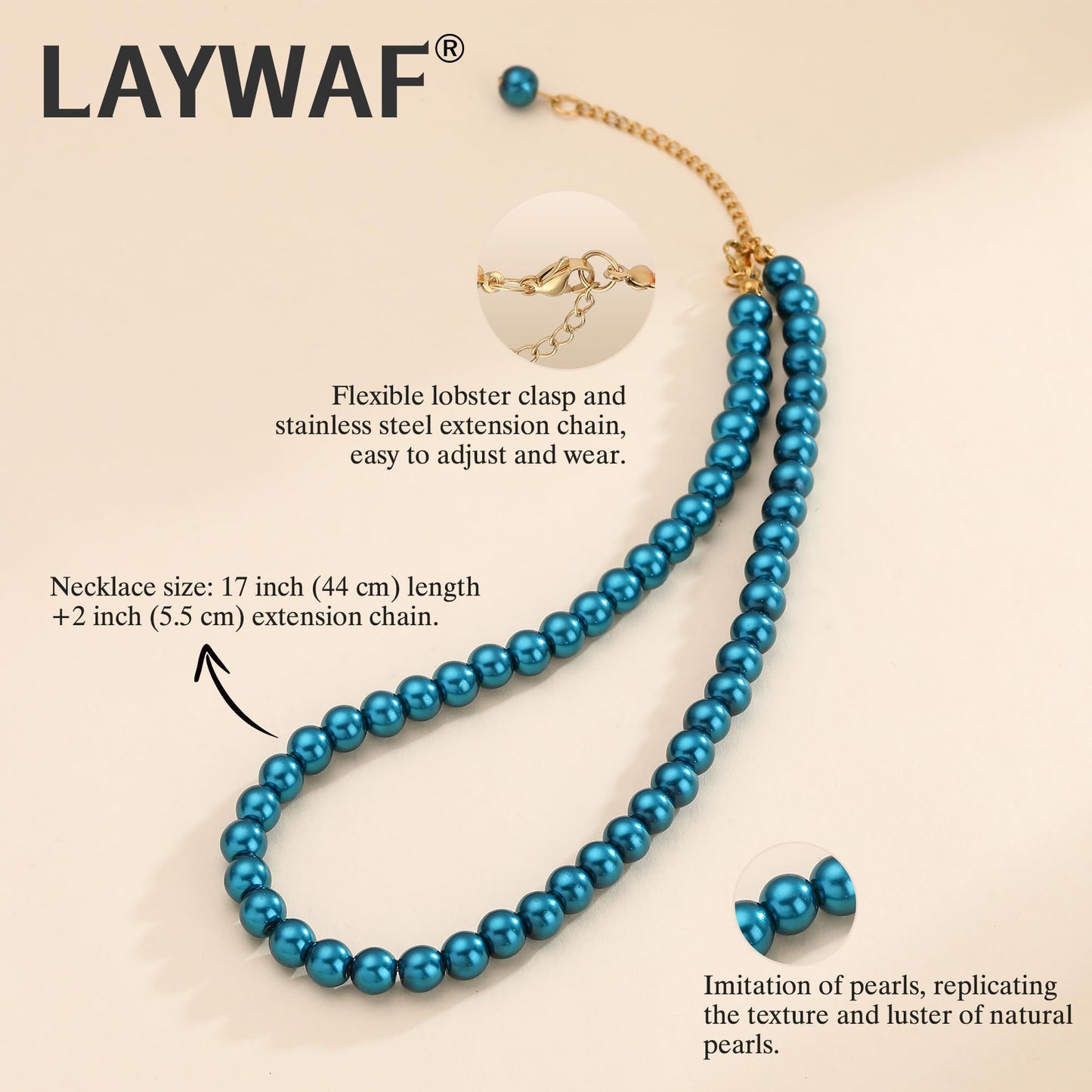 LAYWAF Navy Blue Imitation Pearl Choker Necklace for Women, 8MM Beaded Necklace, Fake Pearls Jewelry, Simple Dainty Faux Pearl Mom Wedding Necklace, Chunky Imitation Pearl