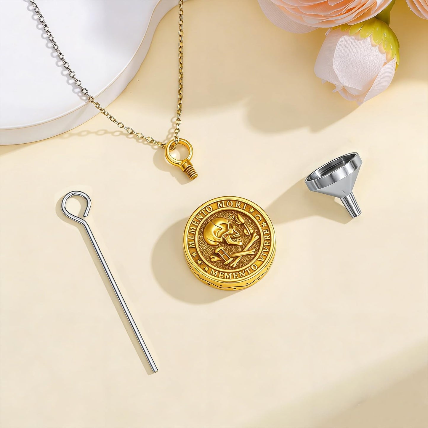 POIUY Memento Mori Gold Urn Necklace for Ashes Gothic Skull Cremation Pendant Tree of Life Memorial Keepsake Jewelry Stoicism Mori Gift for Men Women 22+2 Inch Chain