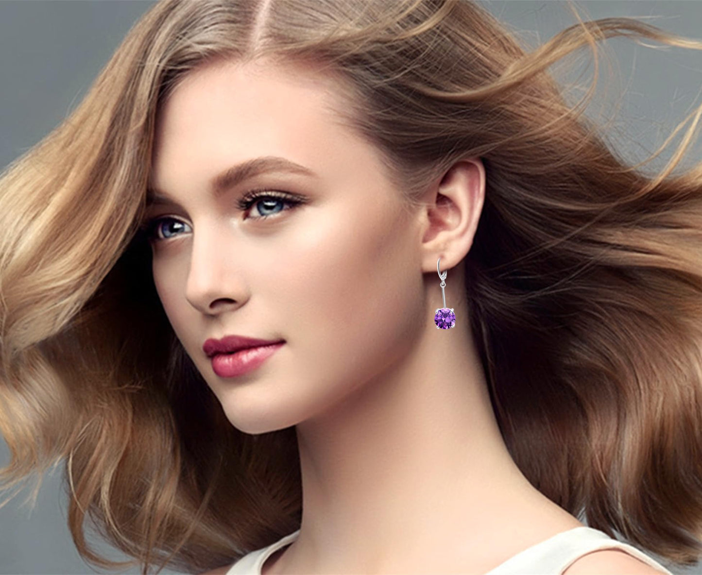 VONSSY Gemstone Drop Dangle Earrings | Platinum /Gold Plated Leverback Crystal Cubic Zirconia Hanging Red /Pink/Blue Earrings (Purple-Platinum)