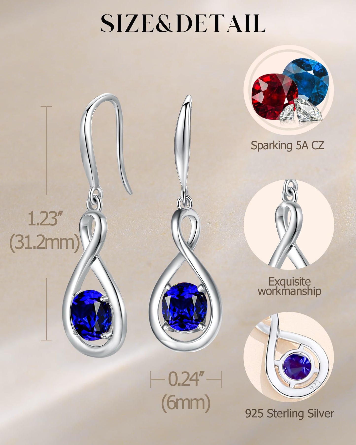 FANCIME Sapphire Dangle Drop Earrings 925 Sterling Silver Dainty Infinity Blue Gemstone September Birthstone Earring Fine Jewelry Birthday Mothers Day Gifts for Mom Women Her