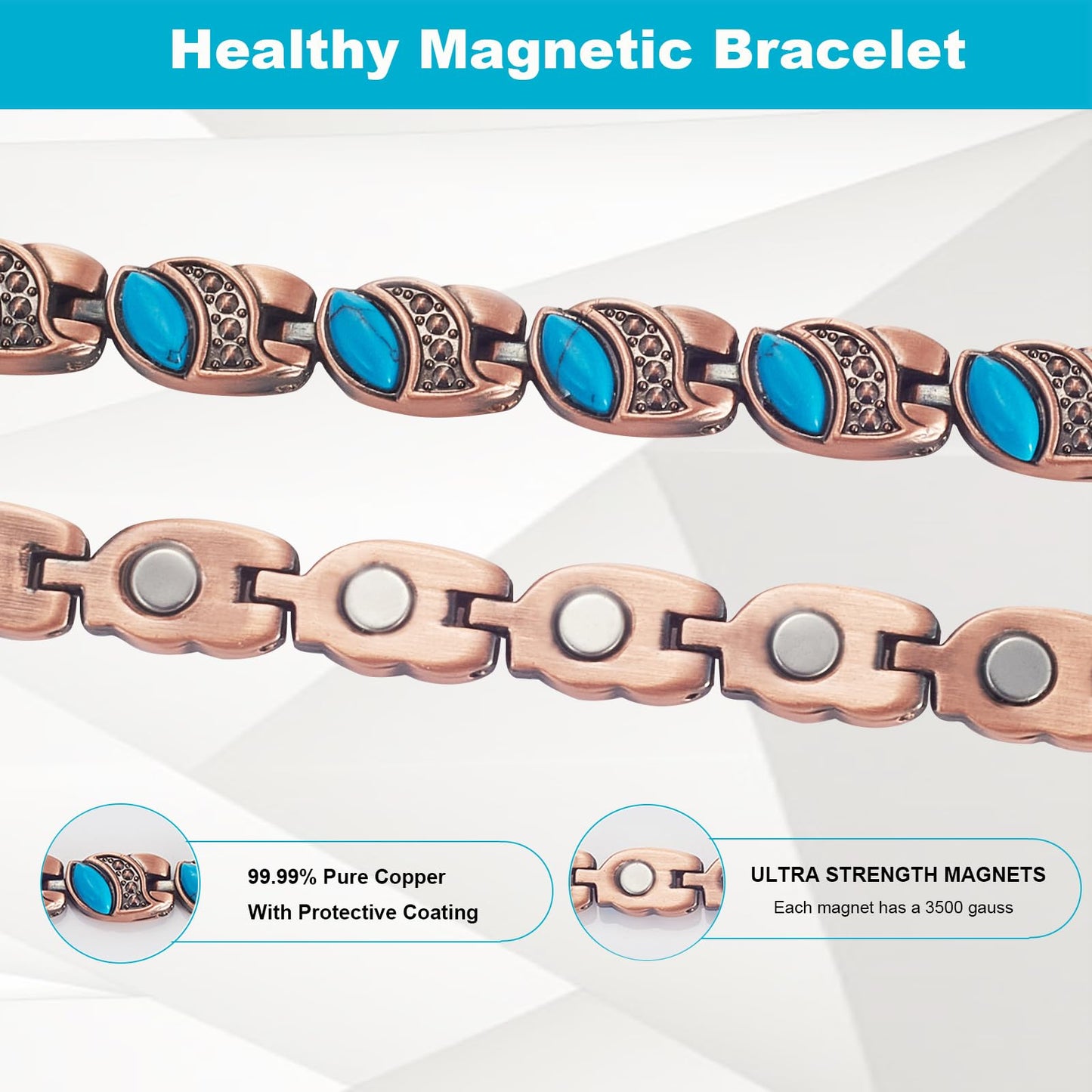 EnerMagiX Copper Bracelet for Women, 7.28inch Pure Copper Turquoise Magnetic Bracelet, Healthy Jewelry Gift (0175)