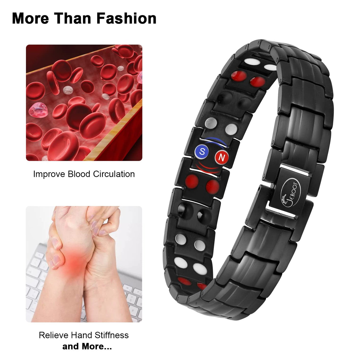 JEROOT Magnetic Bracelets for Men, Pure Titanium Bracelet (3500Gauss Per Magnet), Men's Bracelet Lymphatic Jewelry Gifts (Black anion)