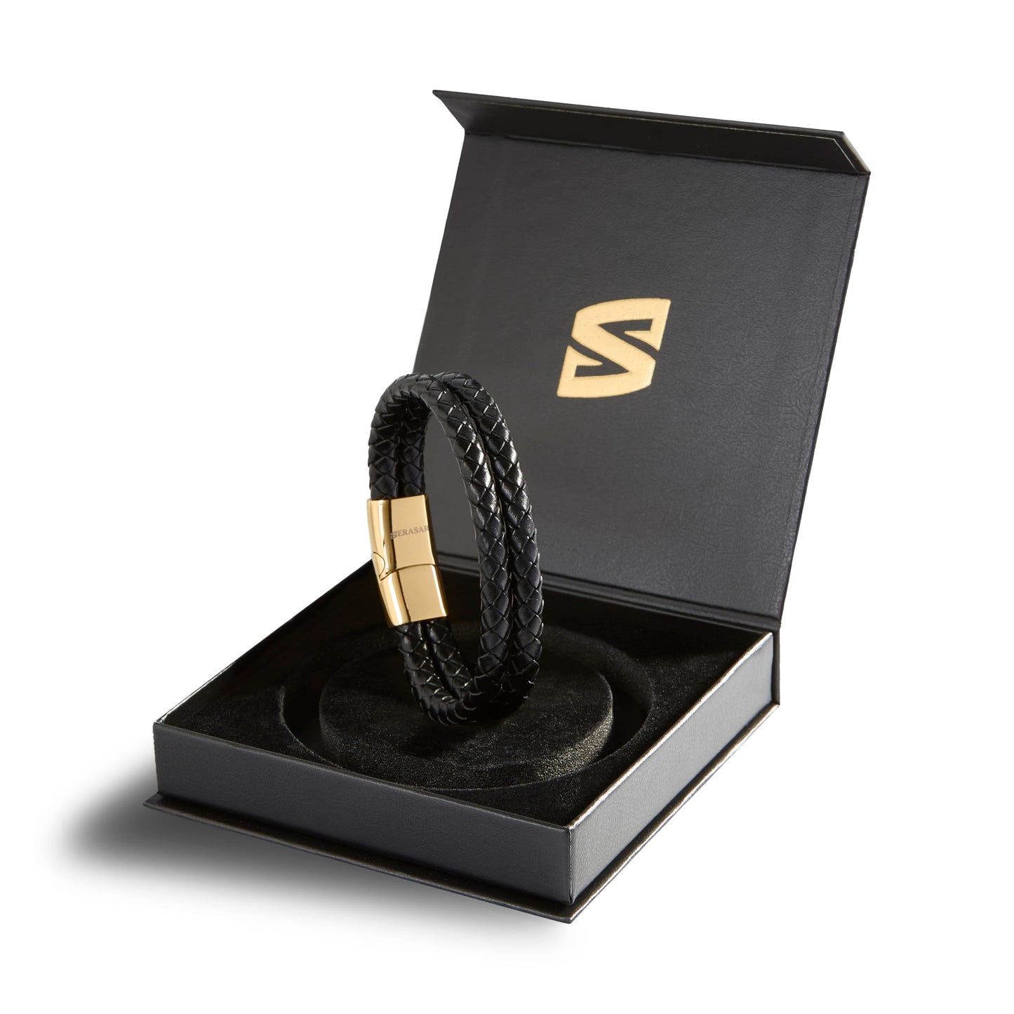SERASAR Mens Leather Bracelet 17cm Gold Men Gift Box Genuine Cowhide Braided Adjust Able Magnetic Clasp Multi Layer Wrap Rope Man Mans Male Band Jewelry Magnet Accessories