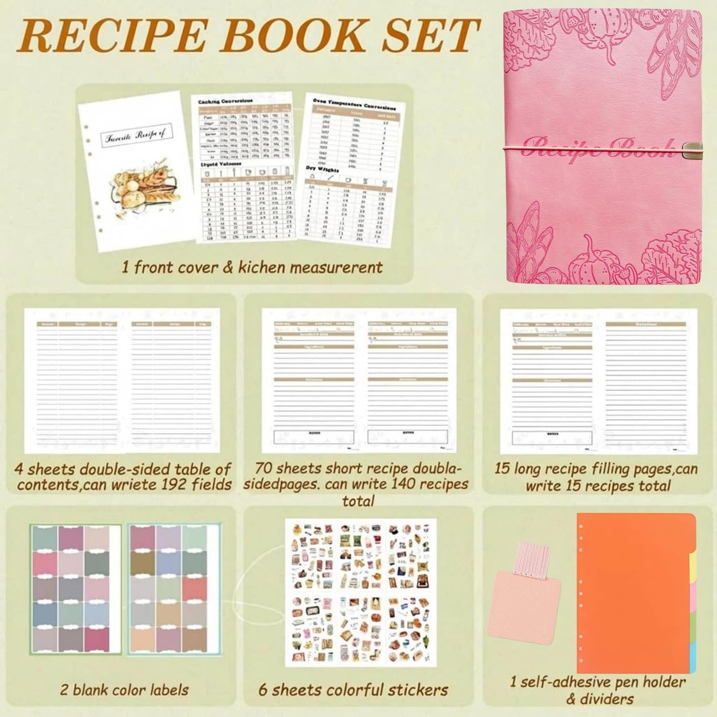 Suaetiai Blank Recipe Book to Write in Your Own Recipes, Blank Cook Book, Leather Recipe Ring Binder, Personalized Recipe Notbook, Recipe Journal Hold 154 Recipes (Long Recipes & Short Recipes) (Pink)