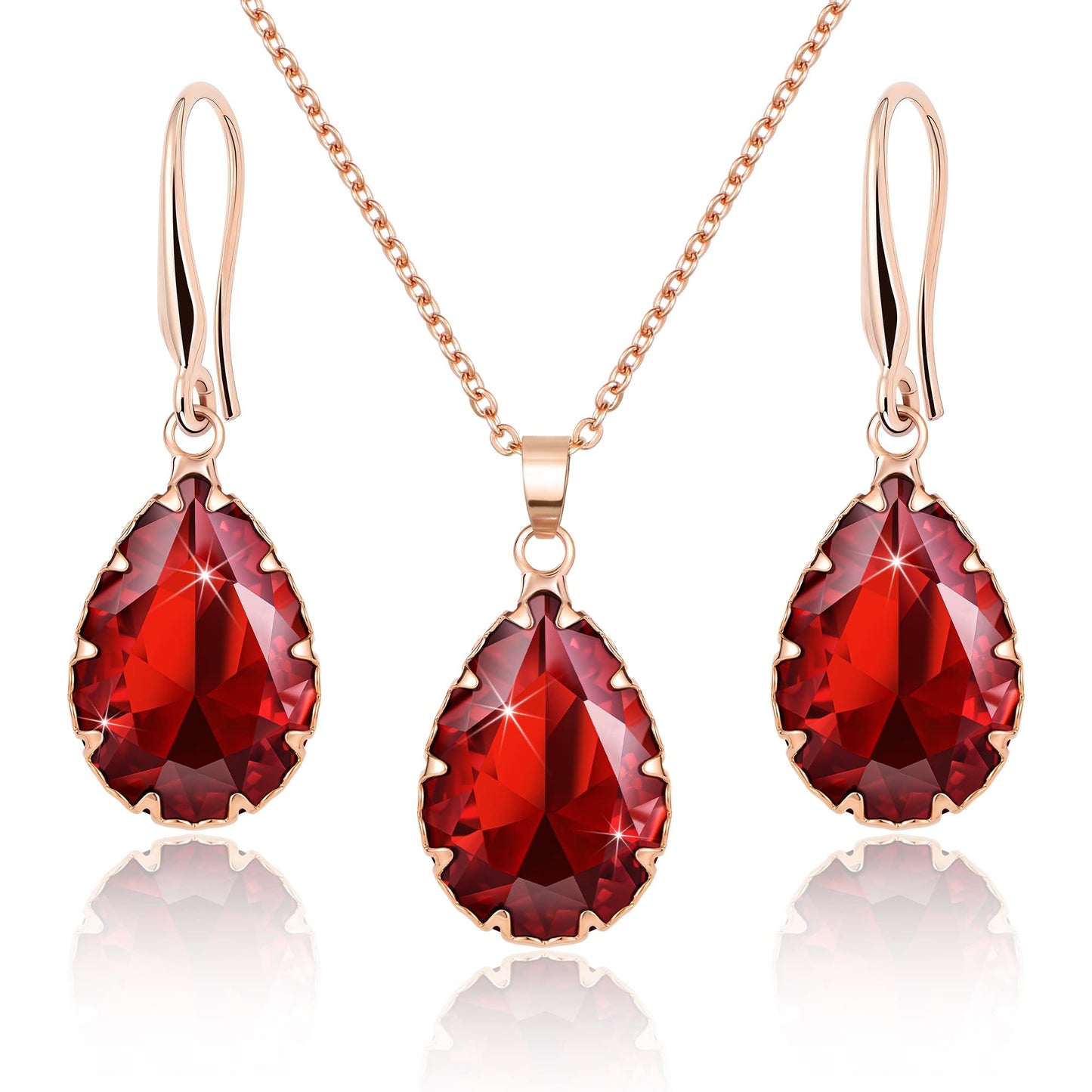 Linawe Lab Created Garnet Ruby Crystal Wedding Jewelry Sets Rose Imitation Gold Plated, Imitation Diamond Pendant Necklace Set, Drop Dangle Red Earring Set, Teardrop Rhinestone Fake Birthstone Matching Jewelry for Women