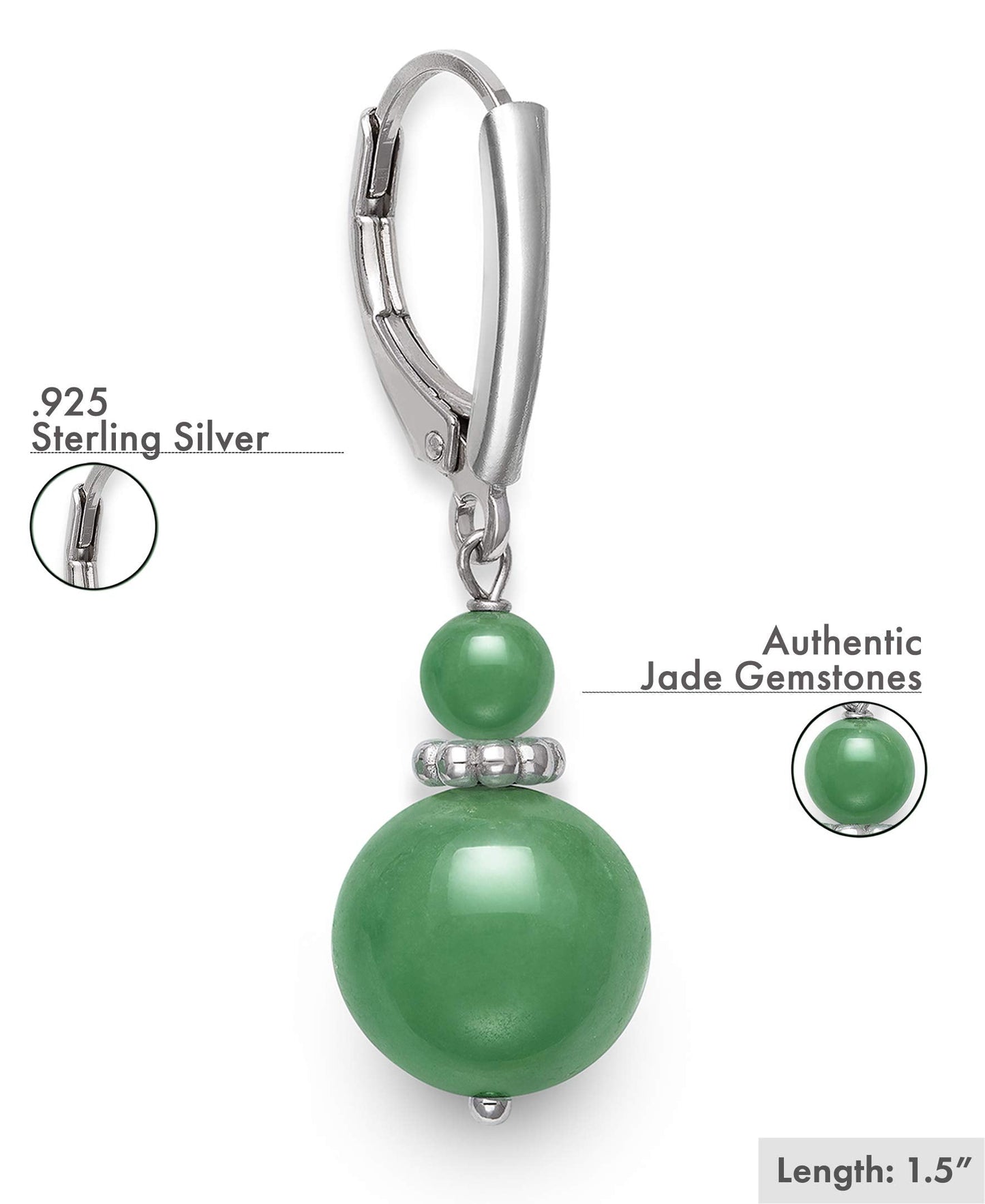 Belacqua Sterling Silver Natural Round Green Jade Gemstone Beaded Dangle Drop Earrings for Women, Length : 1.5 Inches, Leverback, Gift Box Included