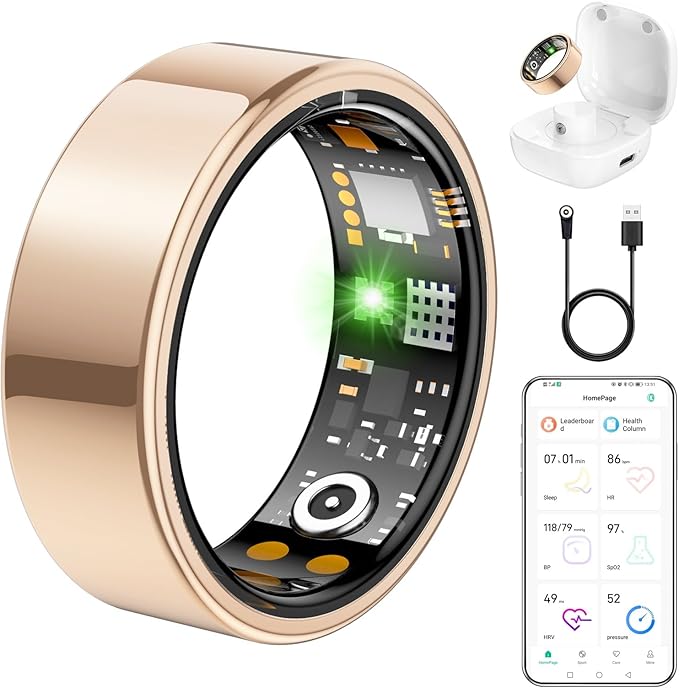 Ring Health Tracker for Women Men, Fit Ring with Heart Rate, Blood Oxygen, Sleep Monitor, Calories, Step Counter, IP68 Waterproof Smart Ring for iPhone & Android, No Subscription Fee (Rose Gold, 11#)