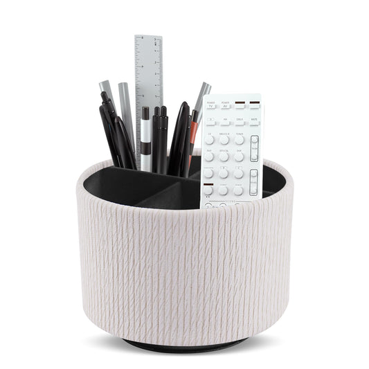 Lvkjafaz Round Leather Art Supply Organizer,Remote Control Holder,360 Degree Spinning,Multi-Functional Pencil Holder,4 Compartments Desktop Stationary Organizer(1-Wood Beige)