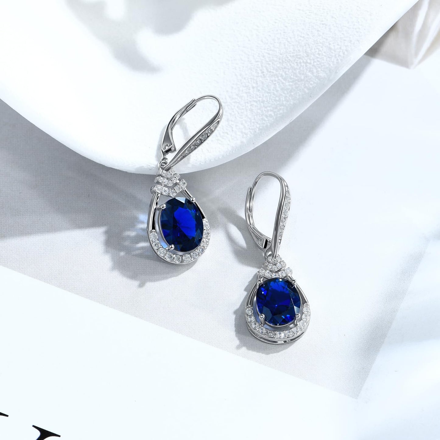 Blue Sapphire Dangle Earrings for Women September Birthstone Sterling Silver Teardrop Leverback Drop Earring Wedding Jewelry for the Bride Oval Cut CZ Earrings Anniversary Birthday Gifts for Wife Mom