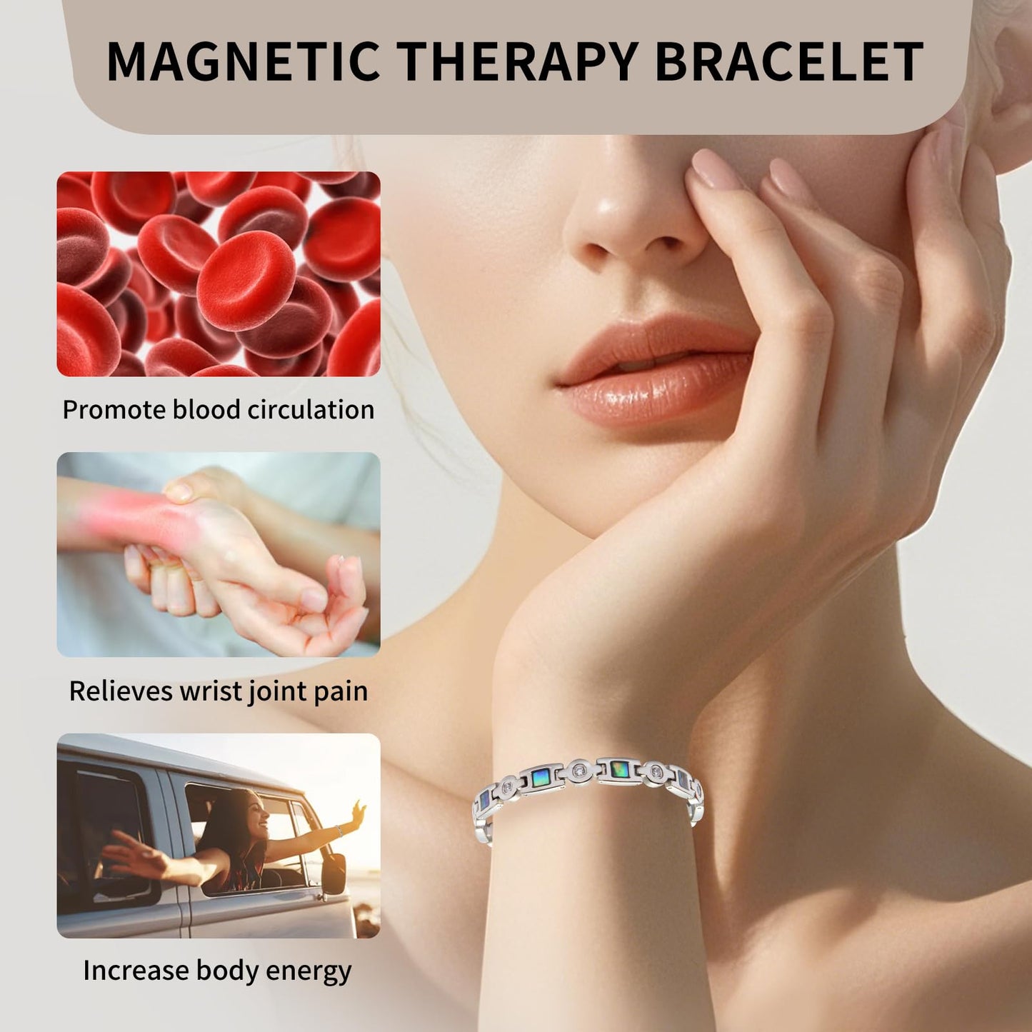 KYOSI Magnetic Bracelets for Women 3500 Gauss Magnet Fashion Zircon and Shell Womens Stainless Steel Bracelet Jewelry 7.48 inches