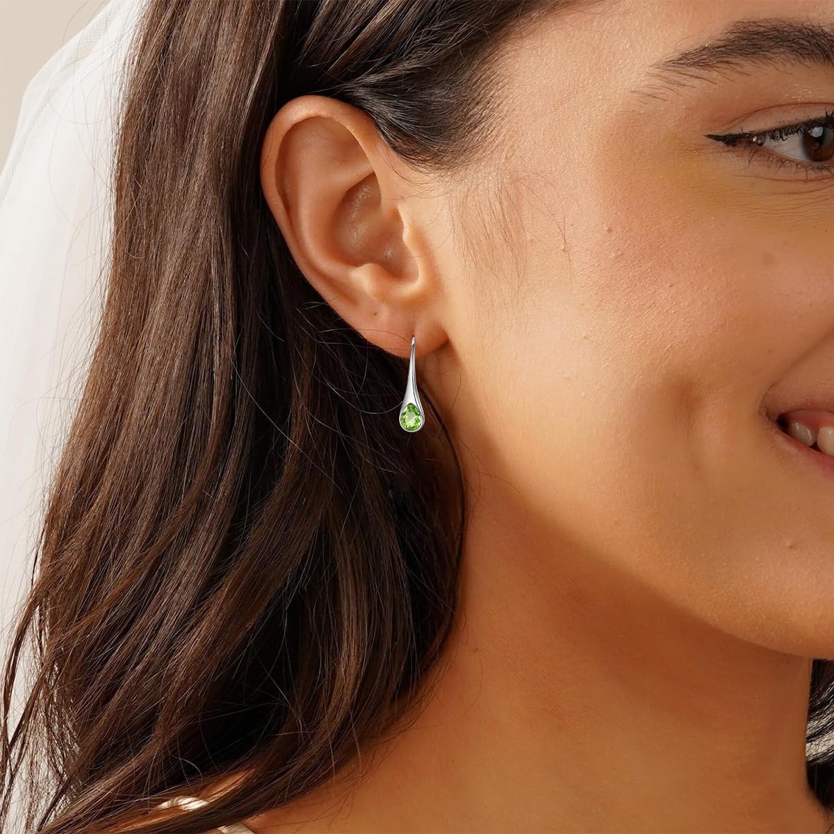 925 Sterling Silver Pear-Shaped Hook Earrings with Simulated Peridot Green Birthstone Crystals, Teardrop August Birthstone Jewelry Gifts for Women Wife Mom
