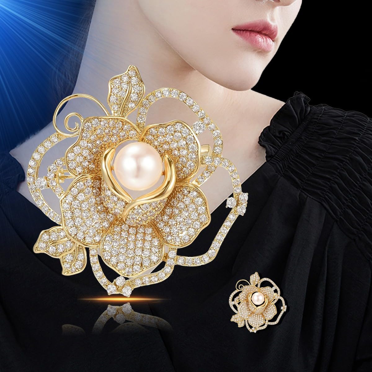 UNVAK Rhinestone Flower Brooch - 18k Gold Plated Pin Jewelry for Thanksgiving Day, Birthday Gifts, Dress Accessories