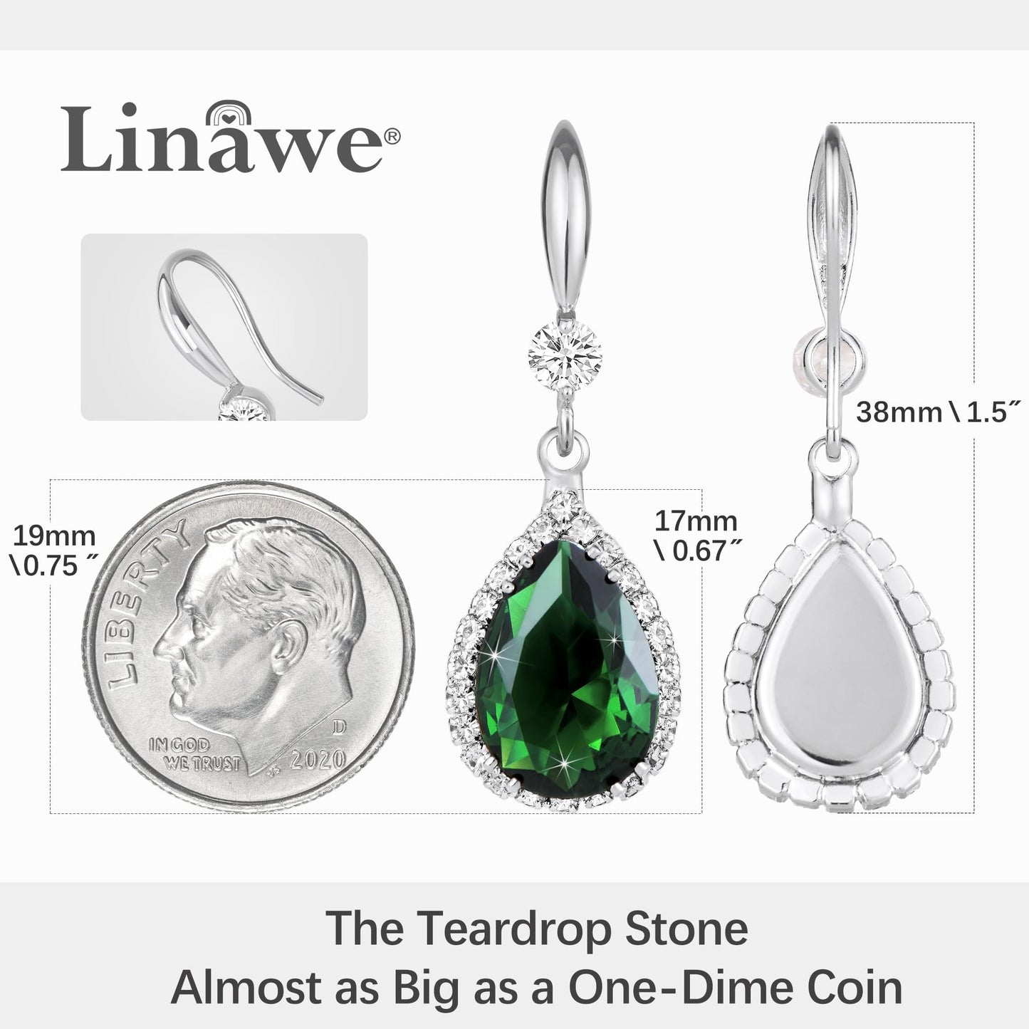 Linawe Silver Emerald Green Earrings, Imitation Diamond Dangle Rhinestone Cubic Zirconia Crystal Drop Earrings for Women, Teardrop Birthstone Drop Earrings, Wedding Jewelry Set