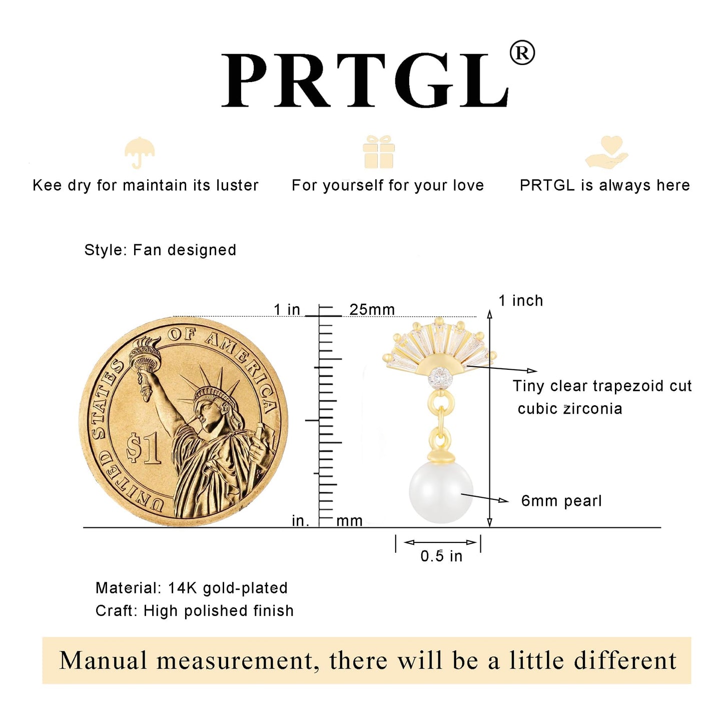 PRTGL Pearl Earrings: 14k Gold-plated Cubic Zirconia Accented Pearl Drop Wedding Engagement Earrings For Women Bridal Bridesmaid (Fan Designed)